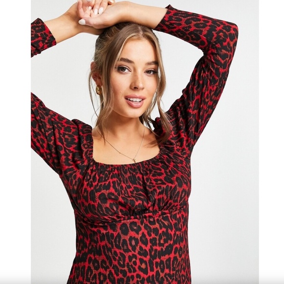 New Lipsy Animal Print Square Neck Puff Long Sleeve Mini Dress Red Black Size 8 - Picture 5 of 16